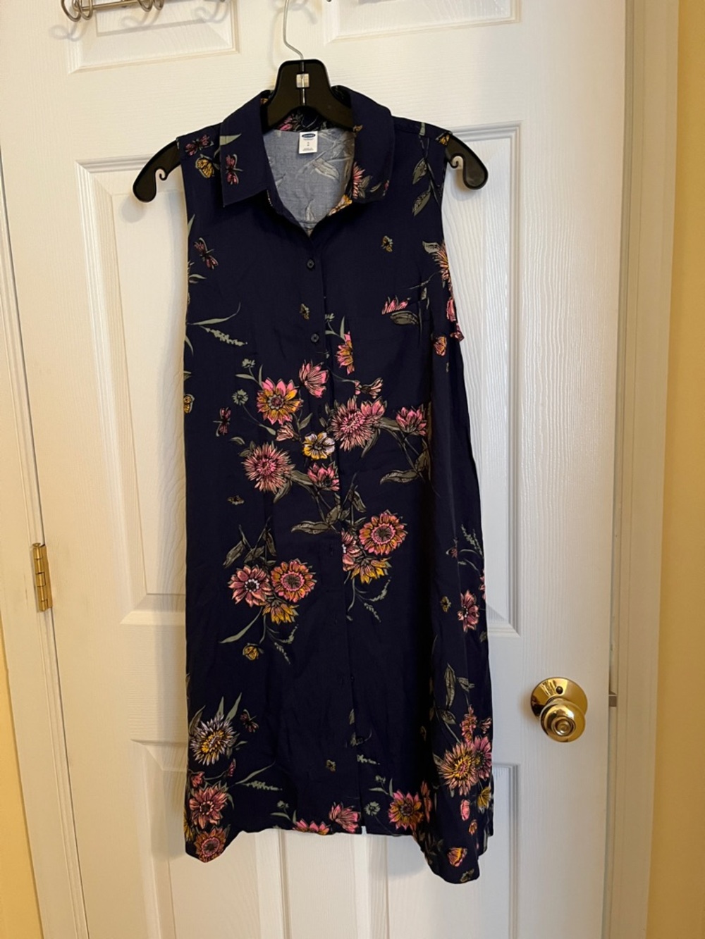 Old Navy Navy Midi Shirt Dress with Pink Floral Print